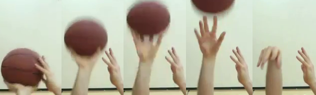 Foto de baloncesto que recoge el proceso del tiro, desde su agarre hasta su lanzamiento