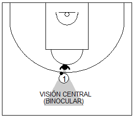 Gráfico de baloncesto que recoge a un defensor usando su visión central para frenar a su atacante con balón delante de él