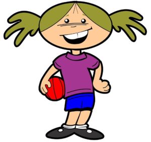 Dibujo de baloncesto de formación y valores que recoge a una niña con un balón de baloncesto sujeto en la cadera