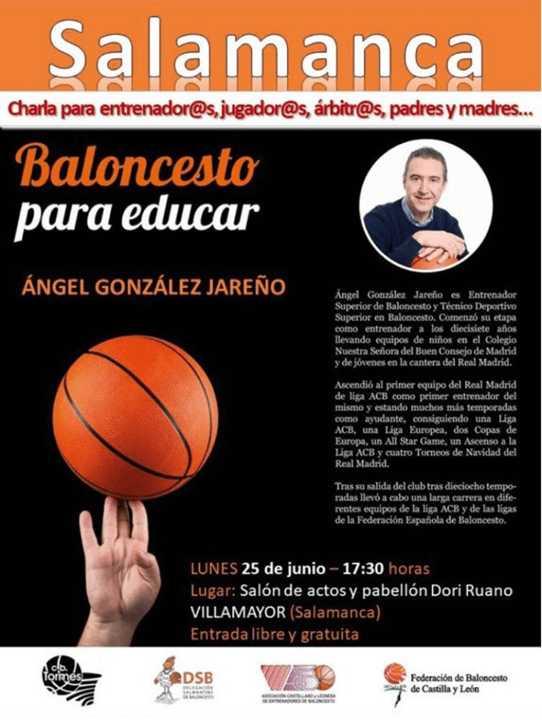 Cartel del Clínic de baloncesto que recoge la charla en Villamayor (Salamanca) impartida por Ángel González Jareño