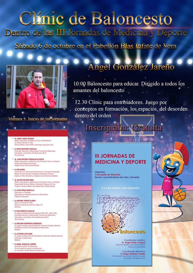 Cartel del Clínic de baloncesto que recoge la charla de baloncesto para educar en Vera que impartió Ángel González Jareño